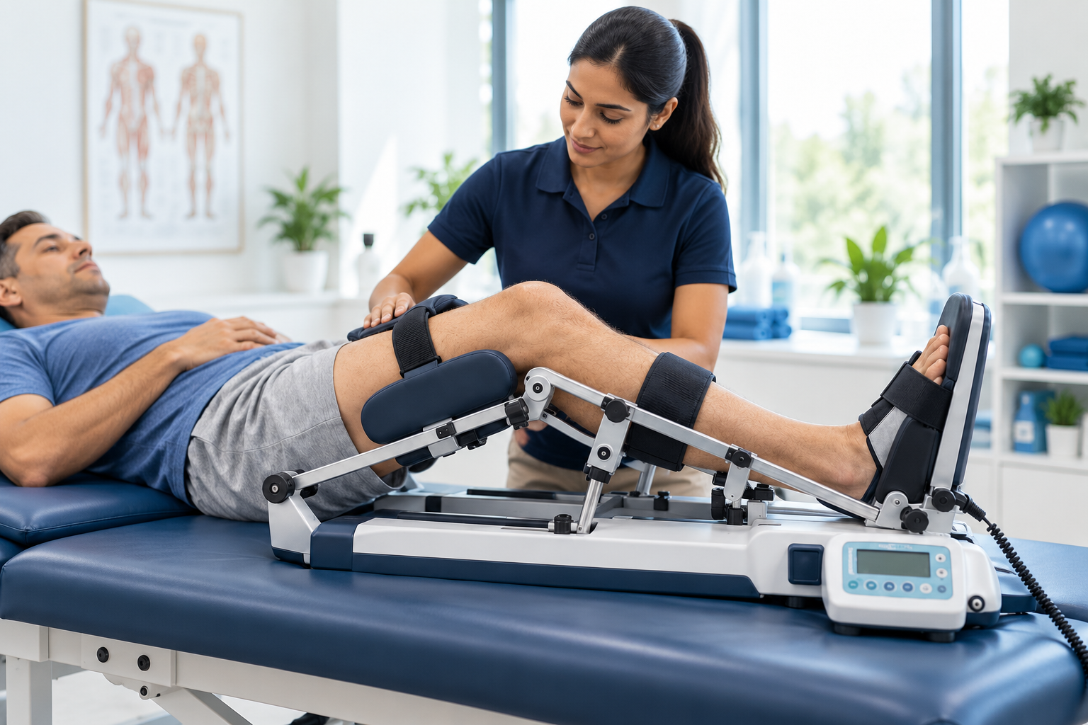 Physiotherapist checking a patient's knee setup on a continuous passive motion machine