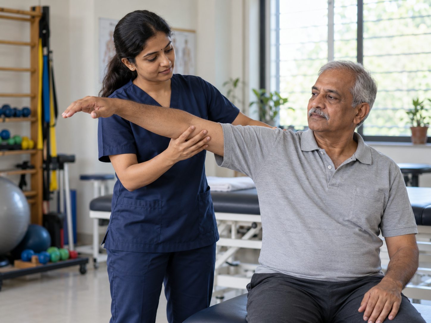 Pranah physiotherapist helping a senior patient with a shoulder mobility exercise