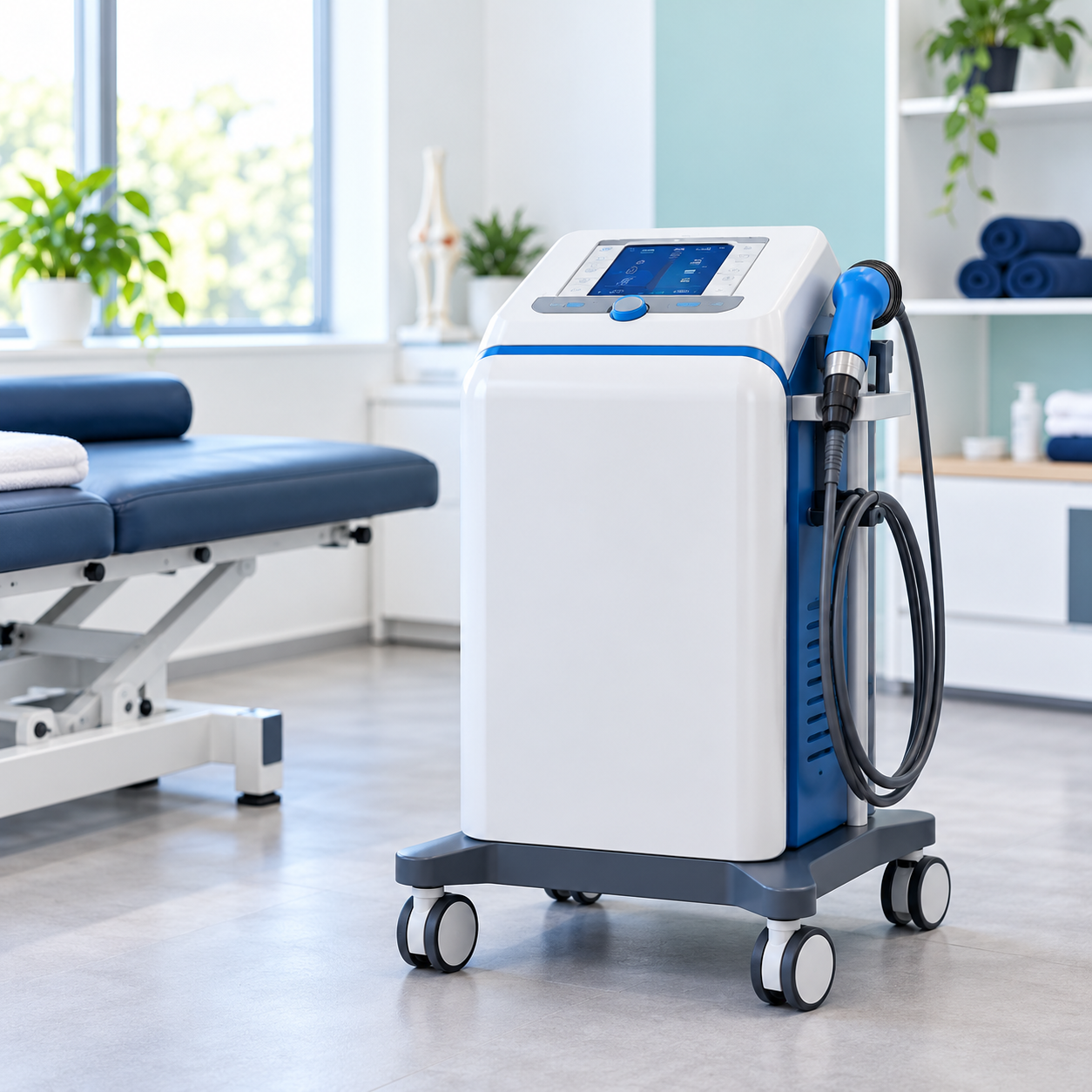 Illustrative unbranded shockwave therapy unit on a wheeled stand