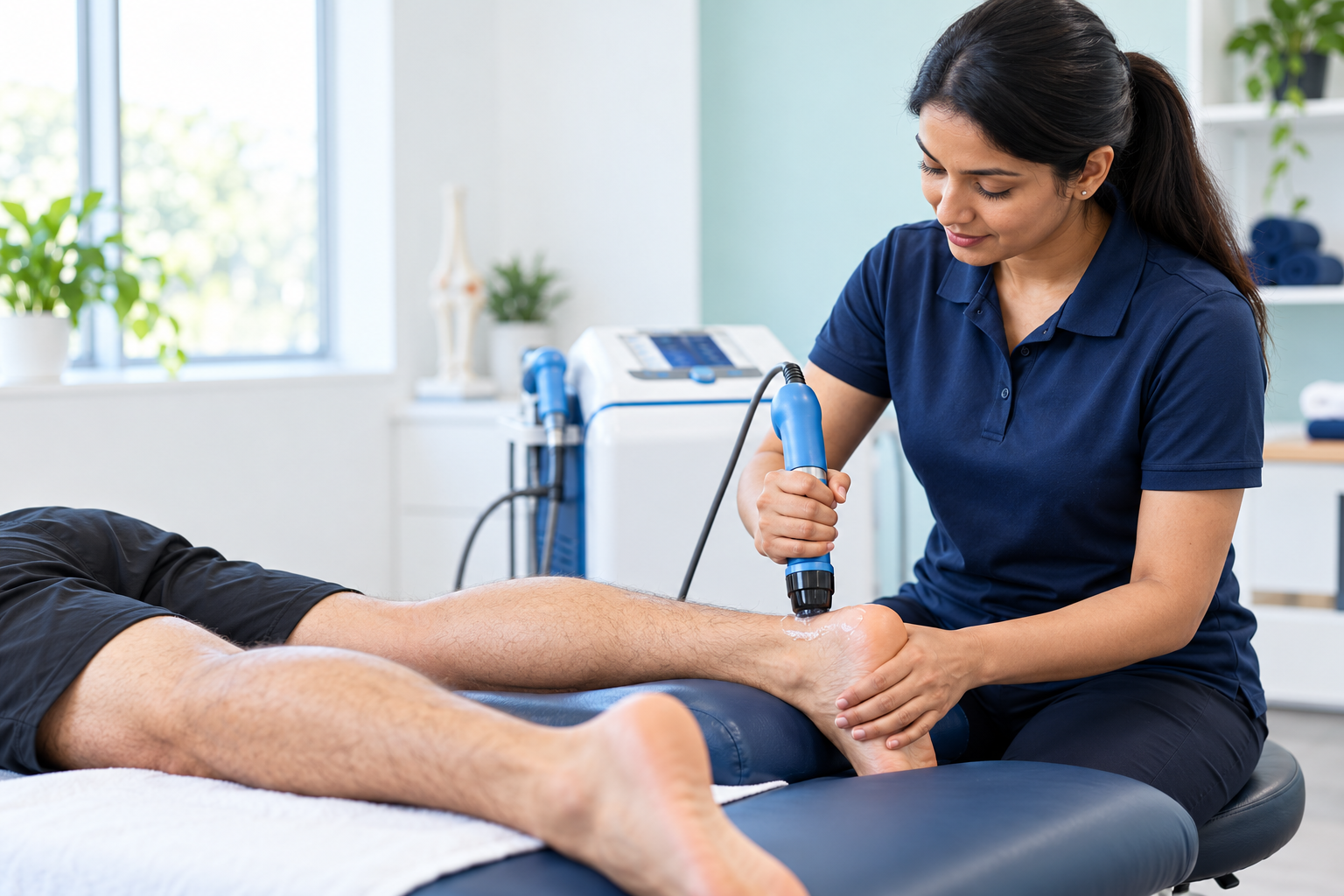 Physiotherapist applying shockwave therapy to a patient's Achilles tendon in a bright clinic