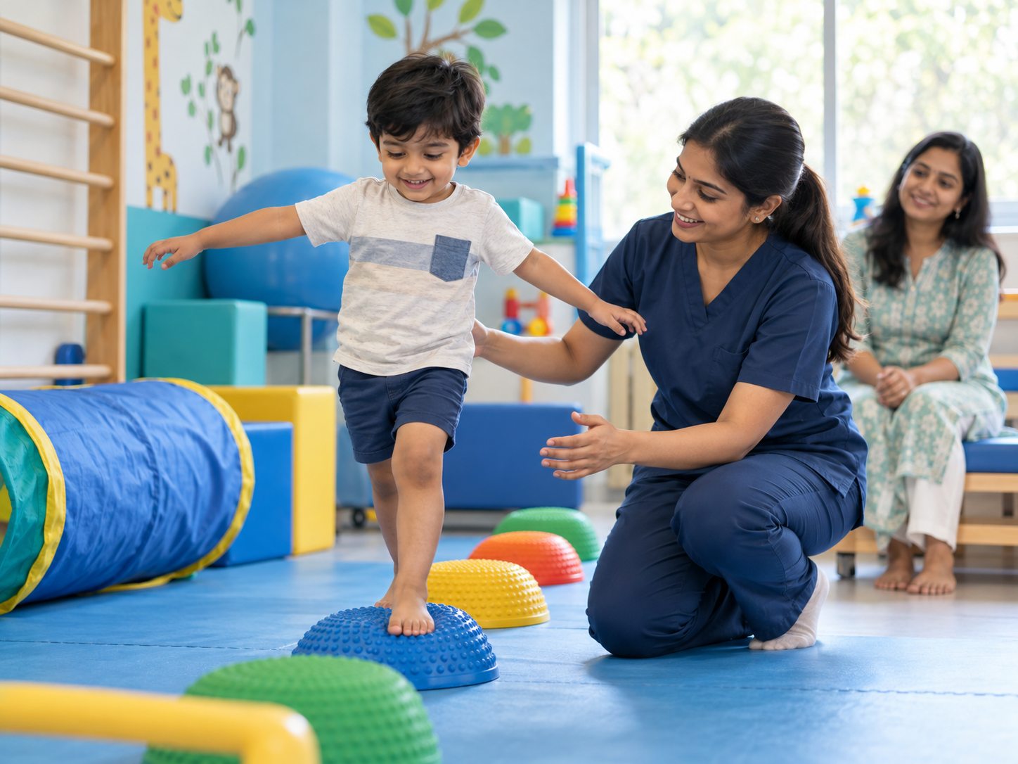 Illustrative scene of a child practicing a balance activity with a paediatric physiotherapist