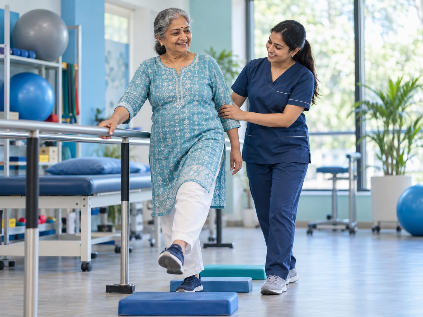 Illustrative scene of an older adult practicing a supported balance exercise