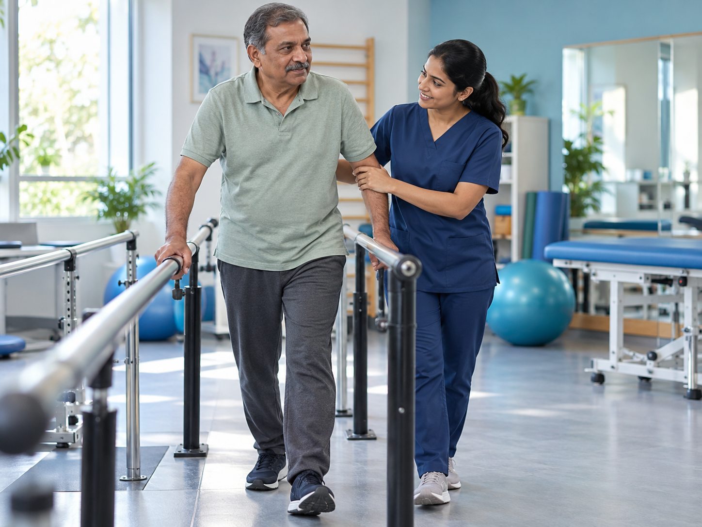 Illustrative scene of supported walking practice during paralysis rehabilitation